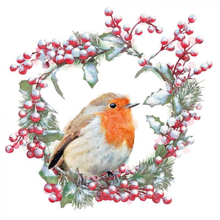 Salveta za dekupaž Robin in Wreath - 1 kom