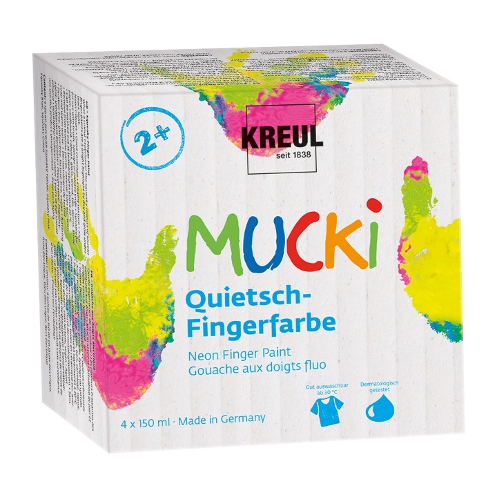 Set boja za slikanje prstima na tekstilu MUCKI - neon nijanse 4 x 150 ml 
